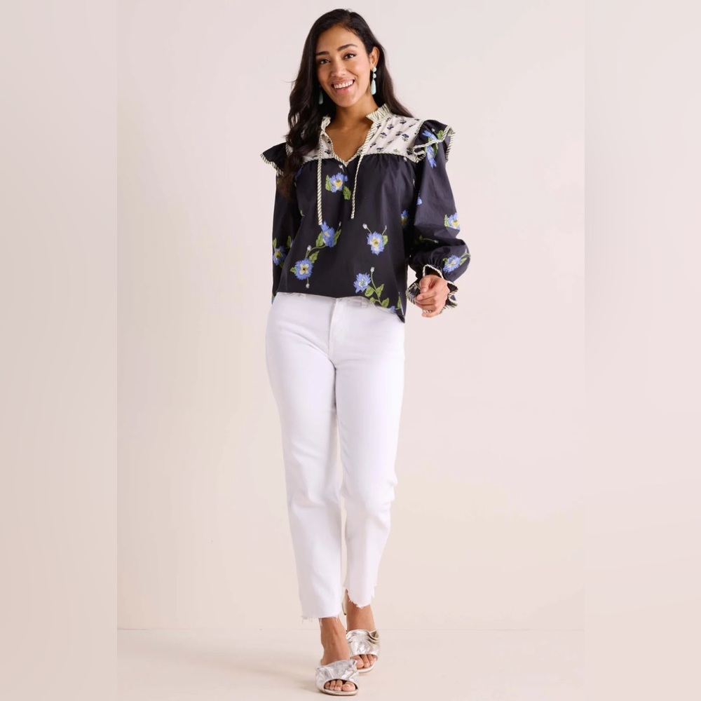 Shop Avara Floral Blouse with White Jeans